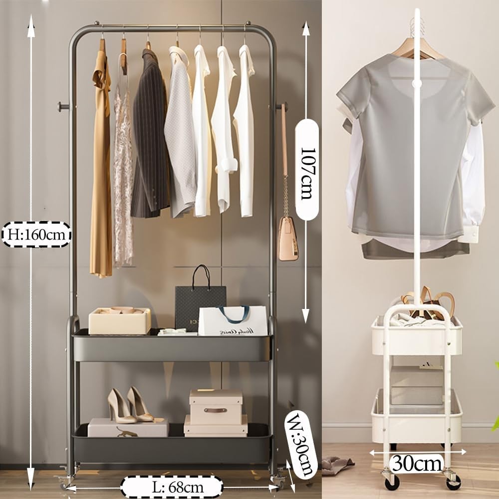 Heavy Duty Clothes Rack 2 Tier Shelves Metal Rail with Wheels Black