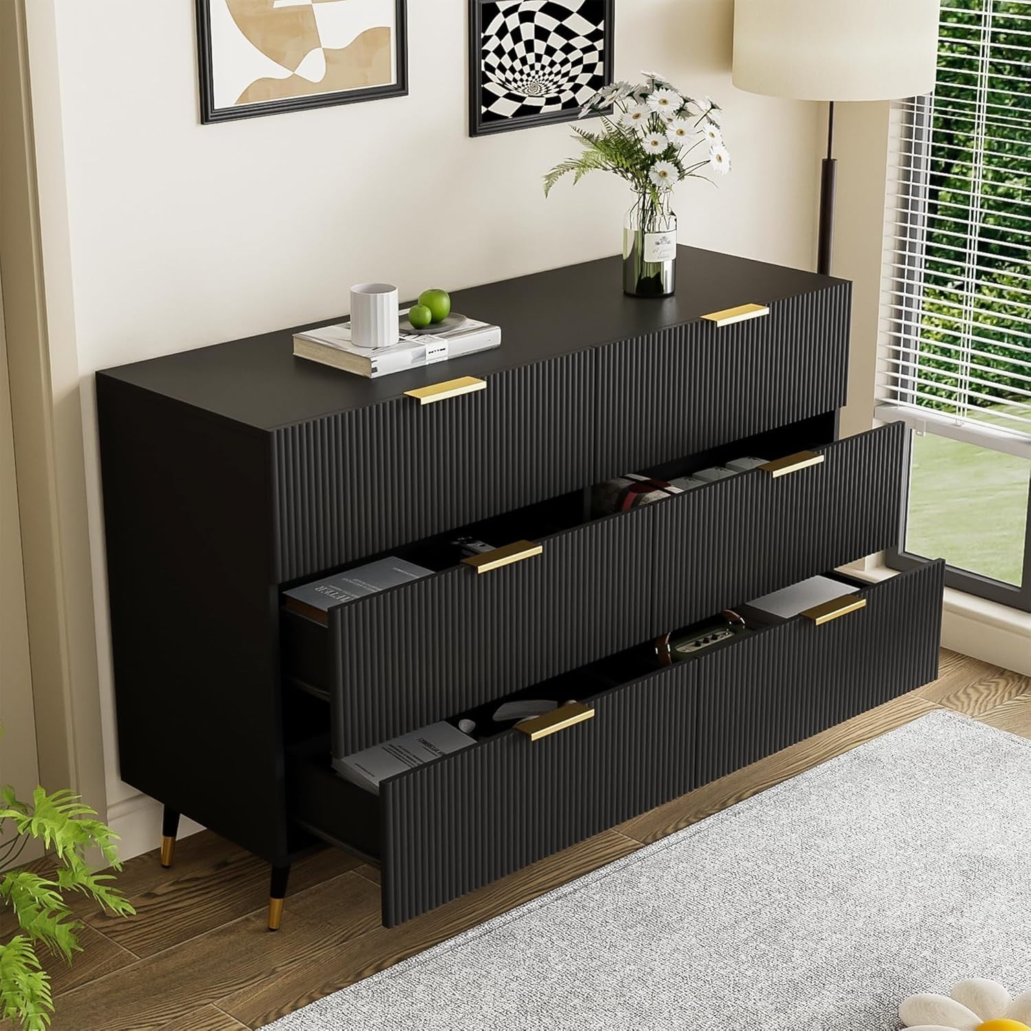 Black Sideboard Cabinet 6 Drawers Storage Unit Gold Handles 120cm