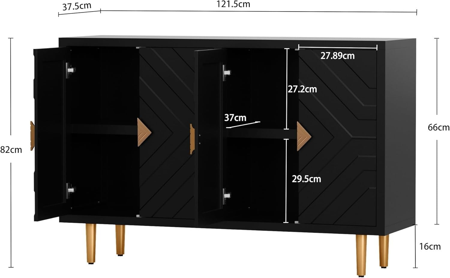 Black Modern Sideboard Cabinet 4 Doors Waterproof Storage Buffet Table