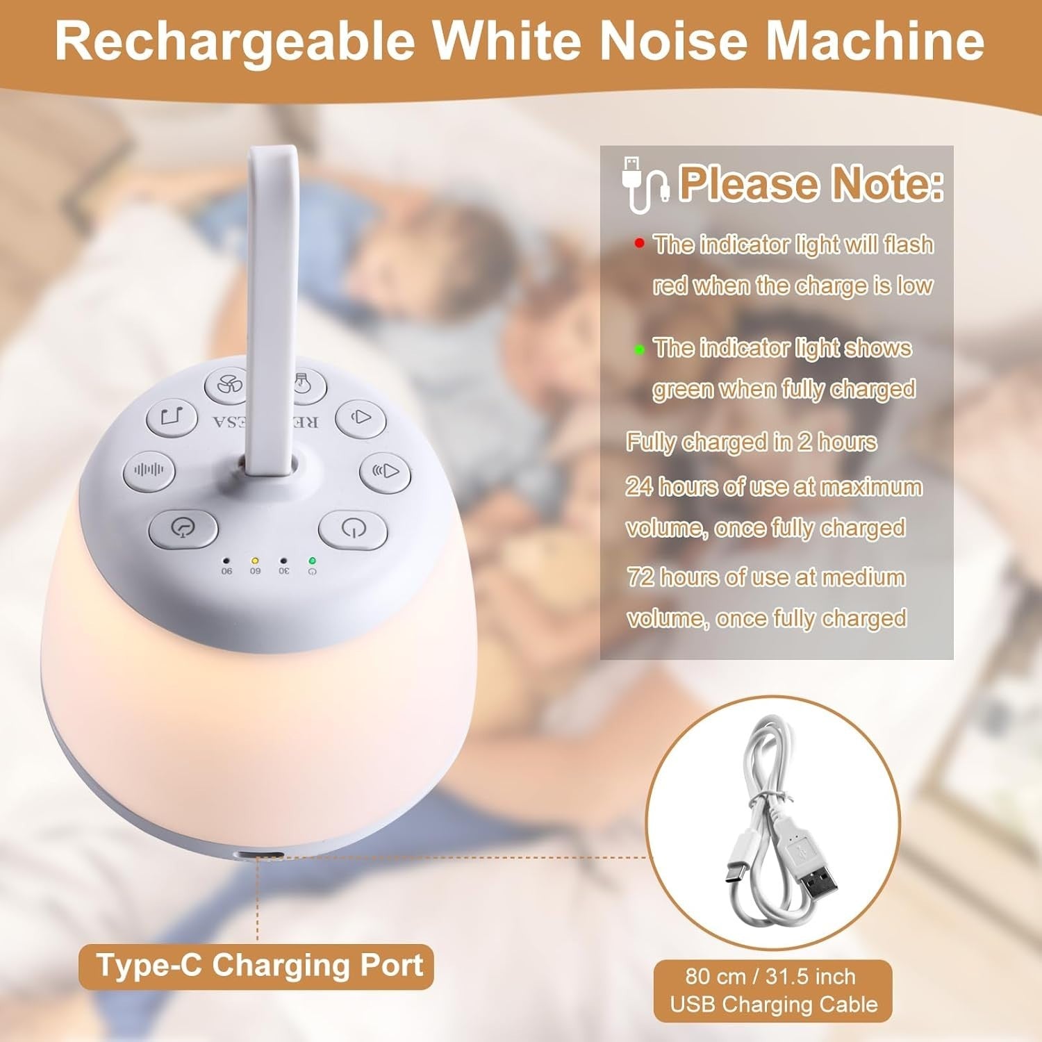 Travel White Noise Machine with Night Light – 21 Sounds, Timer & Rechargeable