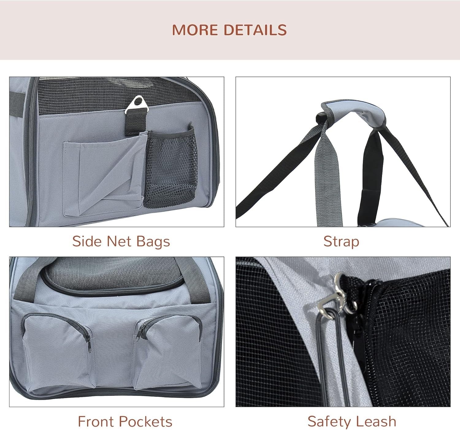 Portable Foldable Pet Carrier Bag with Mesh Windows & Storage Pockets Grey