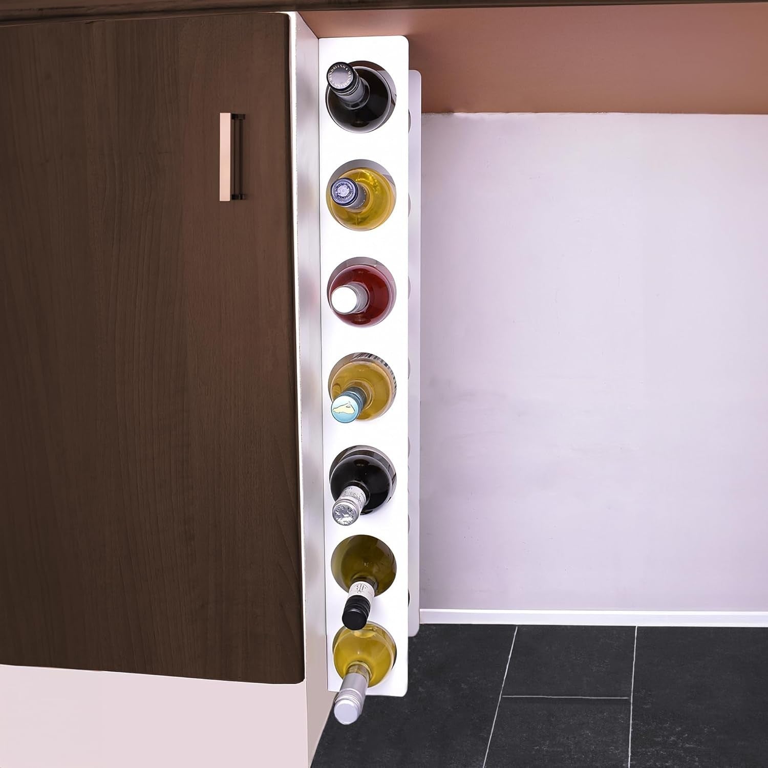 Wall Mounted Vertical Wine Rack White Metal Holds 7 Bottles Space Saving