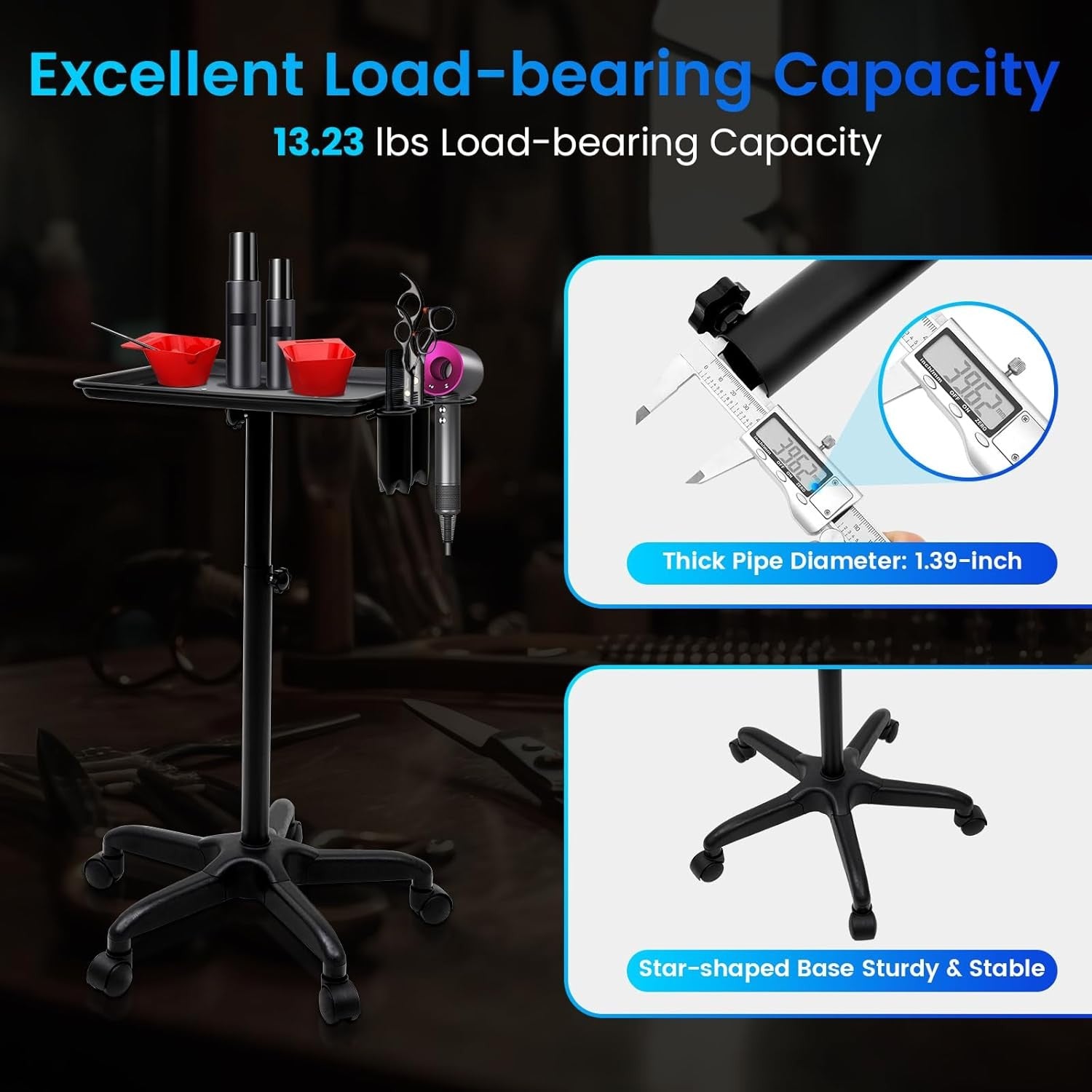 Salon Tattoo Tray Trolley Adjustable Height Rolling Workstation Tool Stand