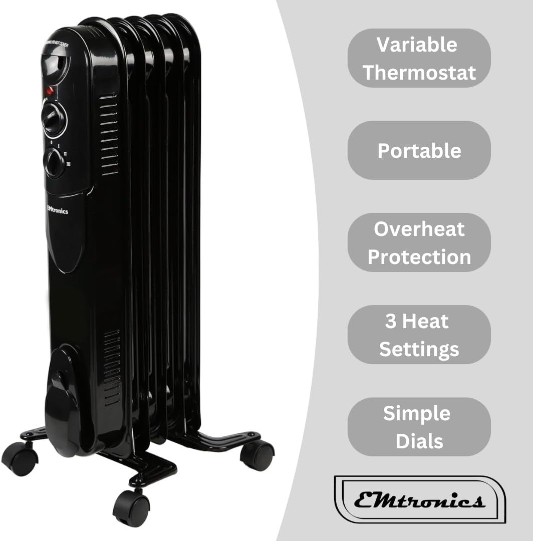 Portable 1000W Oil Filled Heater Radiator 5-Fin Adjustable Thermostat 10sqm
