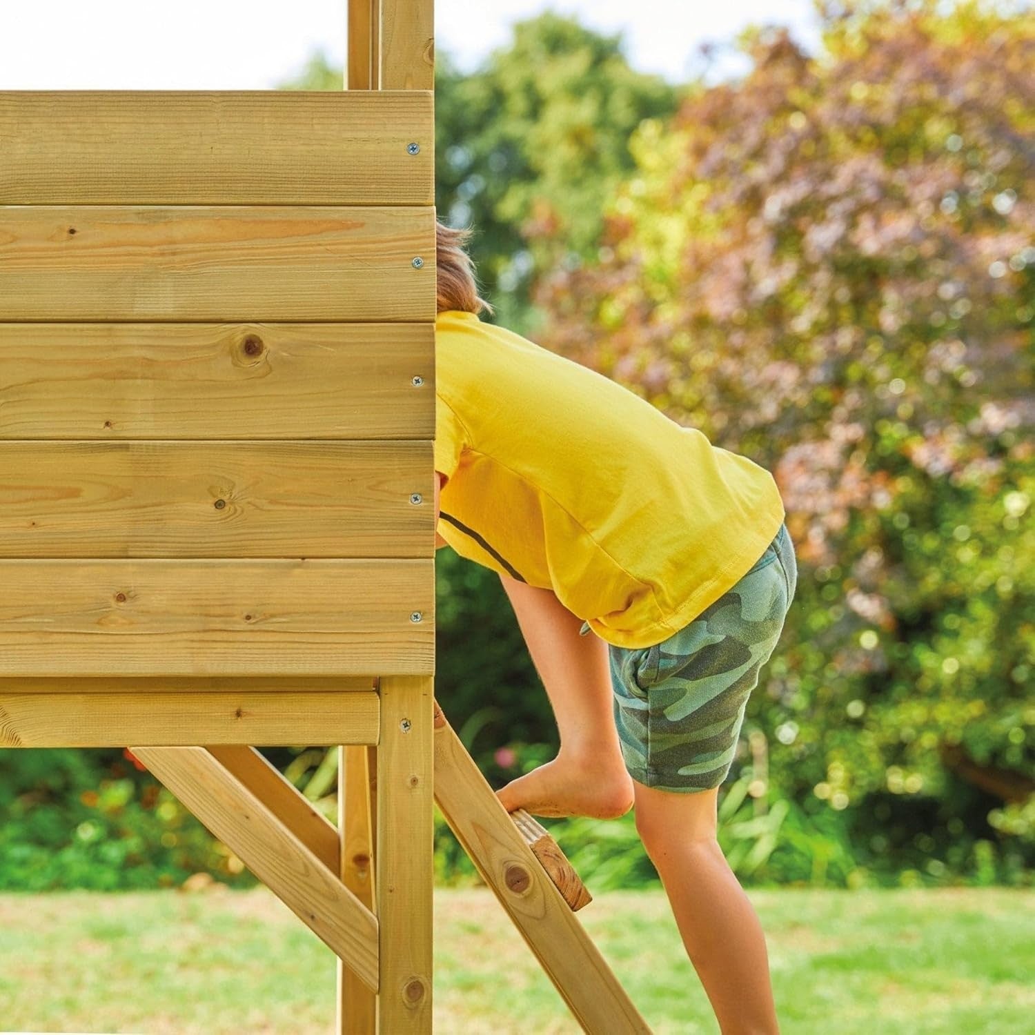 Wooden Tower Kids Playhouse Outdoor w Slide Ladder Toy Box Garden