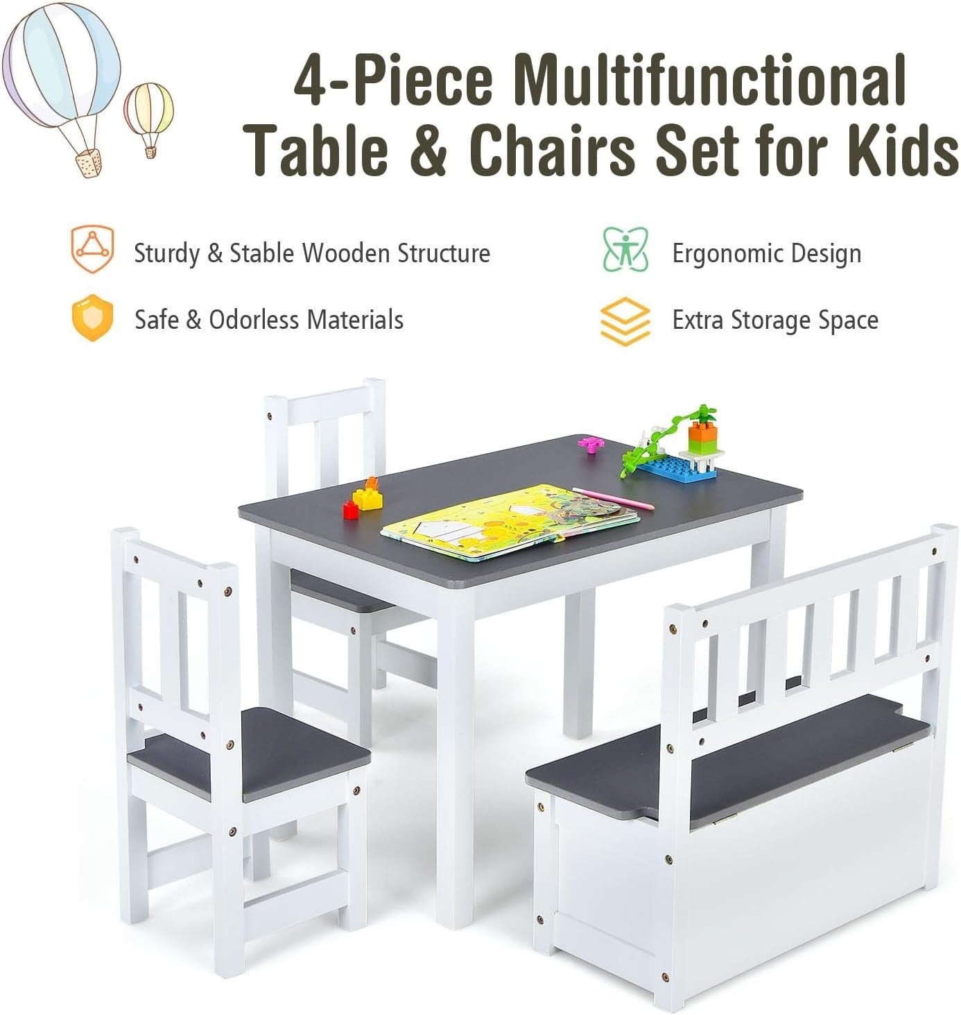Kids Wooden Table Chair Set with Storage Bench – Grey Toddler Activity Desk