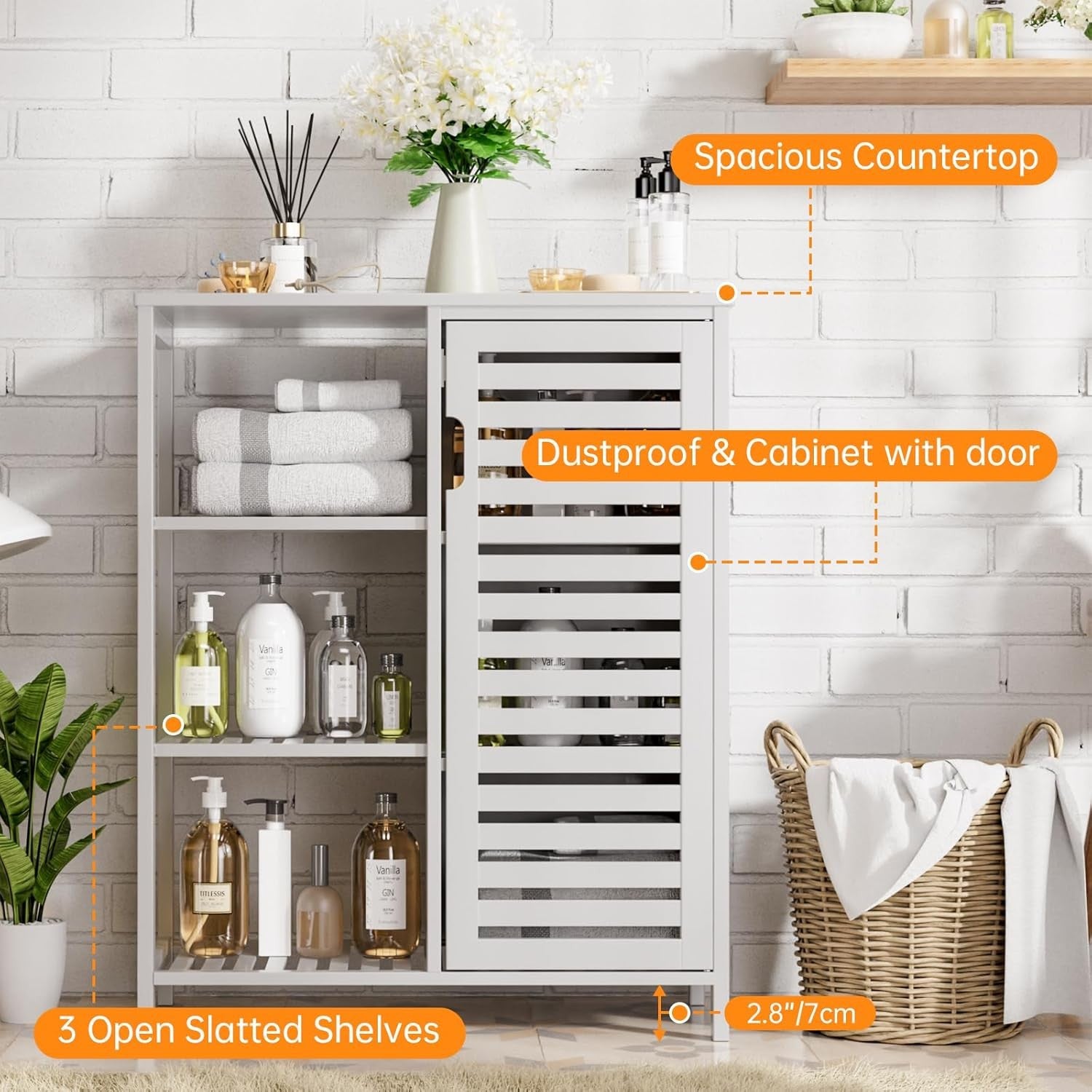 White Bamboo Storage Cabinet with Shelves Modern Cupboard 63x33x87cm