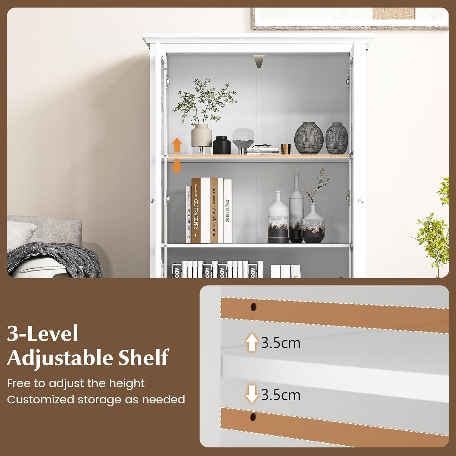 Modern White Bookcase with Glass Doors Drawer Adjustable Shelf Storage Unit