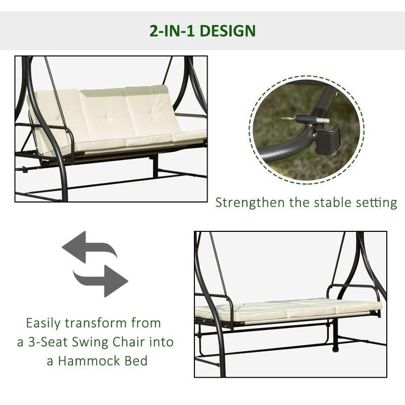 3 Seater Garden Swing Chair with Canopy & Cushions – Beige/Black Hammock
