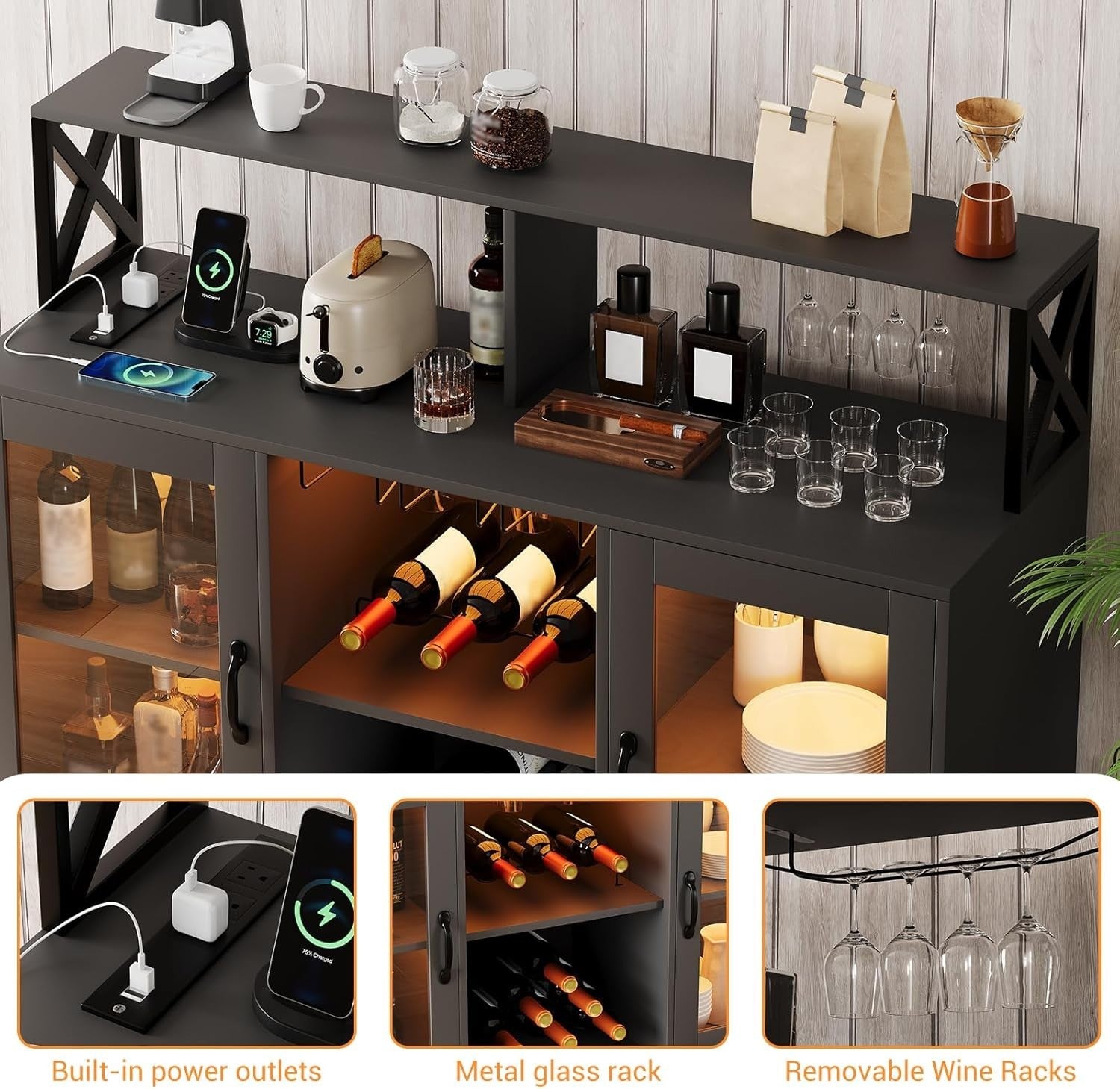 LED Bar Cabinet with USB Ports, Wine & Glass Storage, 3-Tier Buffet Sideboard
