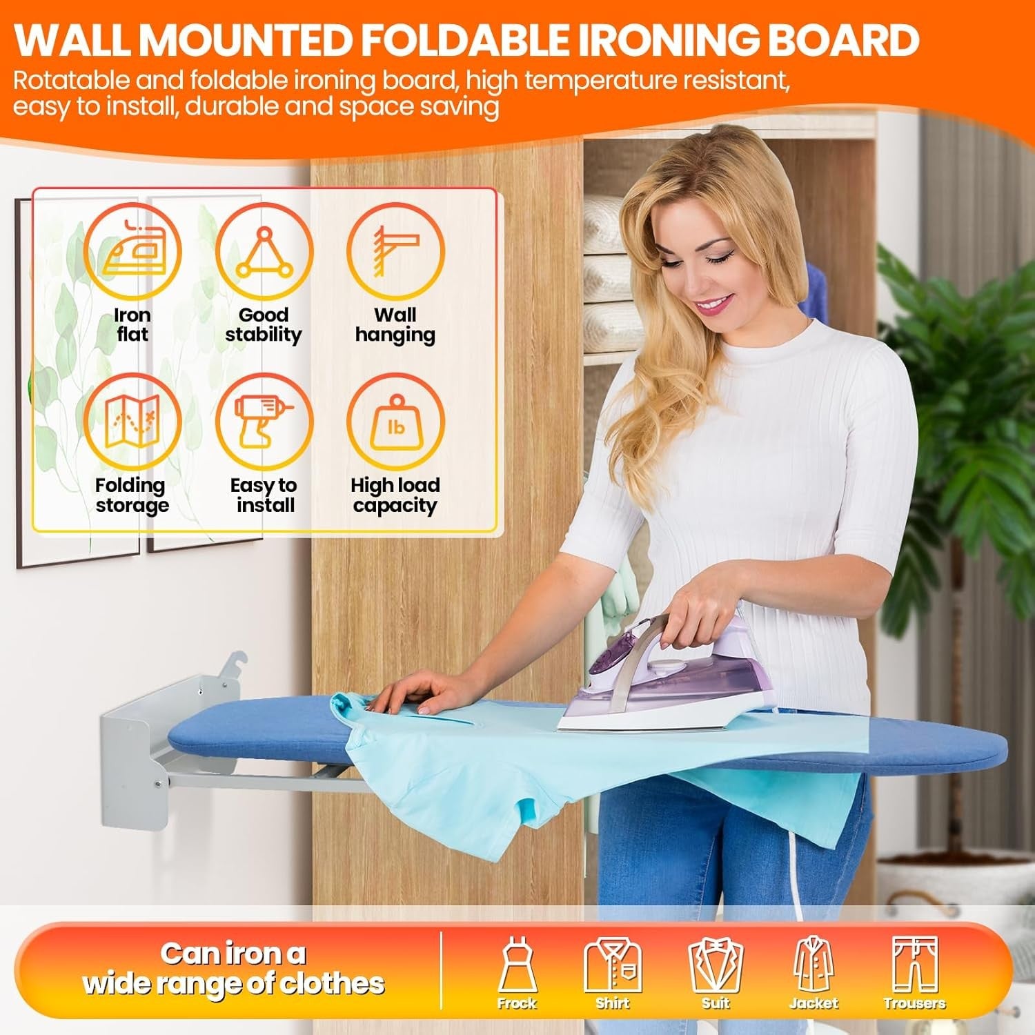 Wall Mounted Folding Ironing Board 180° Rotating Heat Resistant Cover