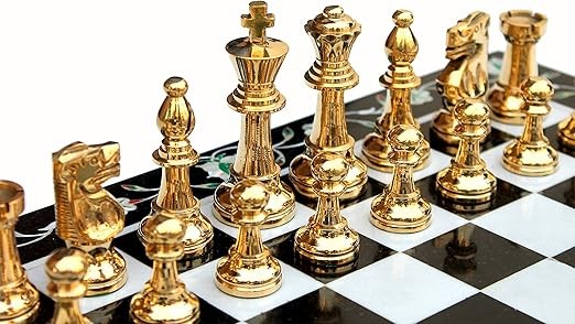 Luxury 15" Black & White Marble Chess Set – Pietra Dura Inlay + Brass Pieces