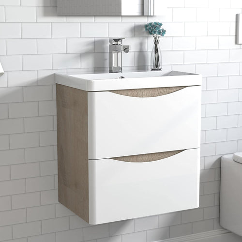 500mm Oak White Wall Hung Bathroom Vanity Unit with Basin 2 Drawer Sink Cabinet