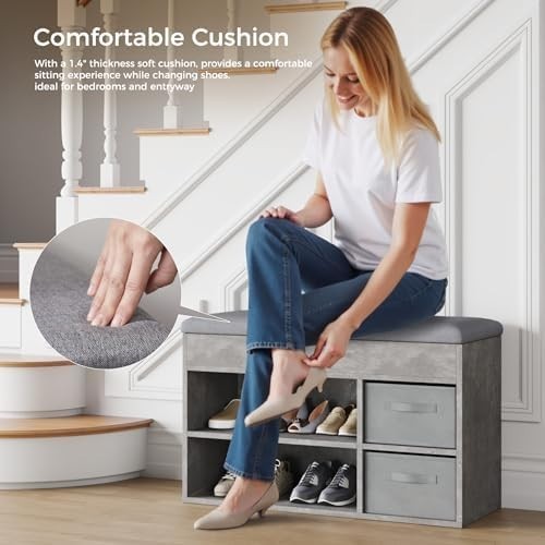 Mondeer Grey Shoe Bench with Storage Drawers & Cushion – Hallway Rack 8 Pairs