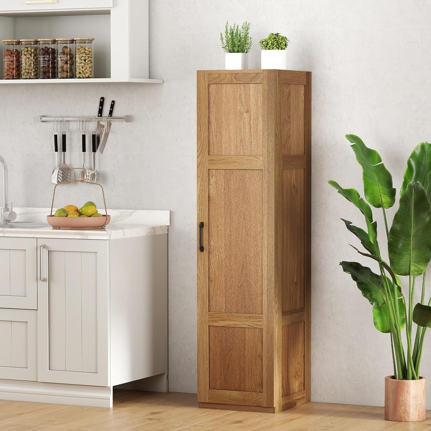Tall Natural Wood Kitchen Cupboard 4 Tier Pantry Storage Cabinet Unit