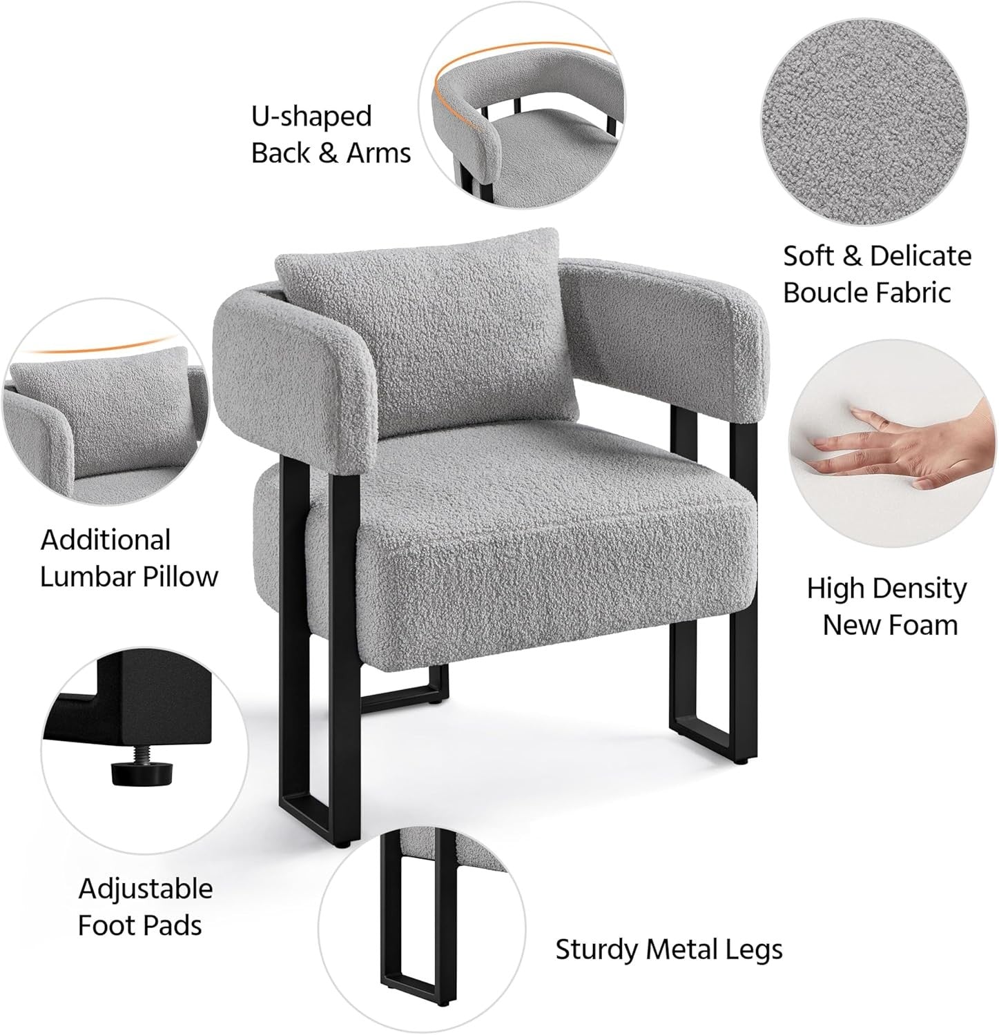 Boucle Tub Chair Accent Armchair with Pillow Metal Legs Grey