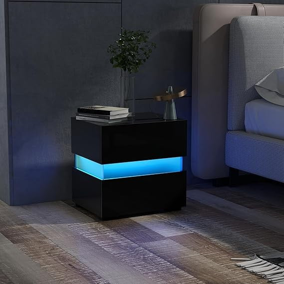 Modern LED Bedside Tables Set of 2 with Drawers & RGB Lights, High Gloss Black