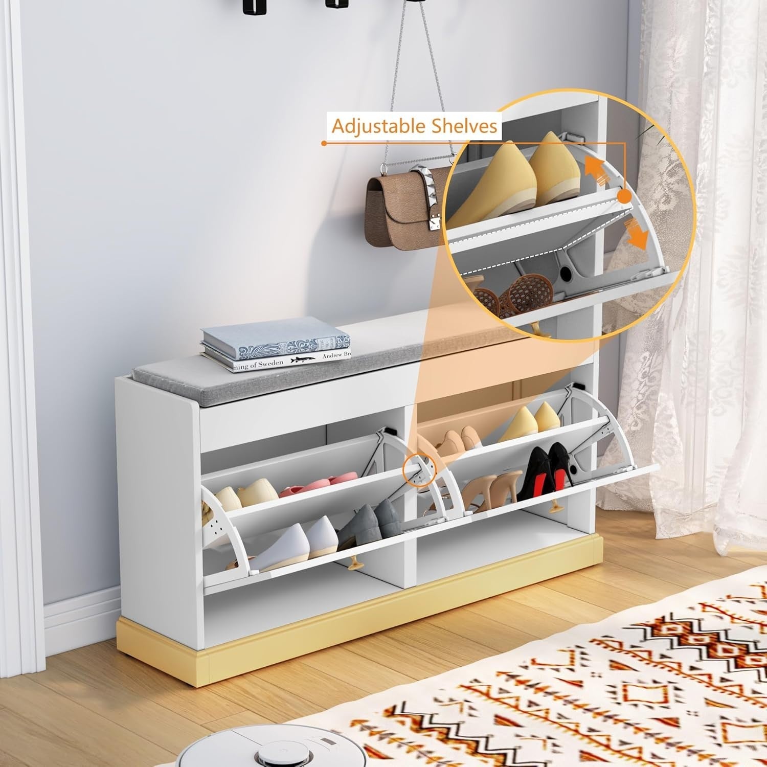 White Shoe Bench with Cushion & Flip Drawer Hallway Storage 99.6x27.2x49.5cm
