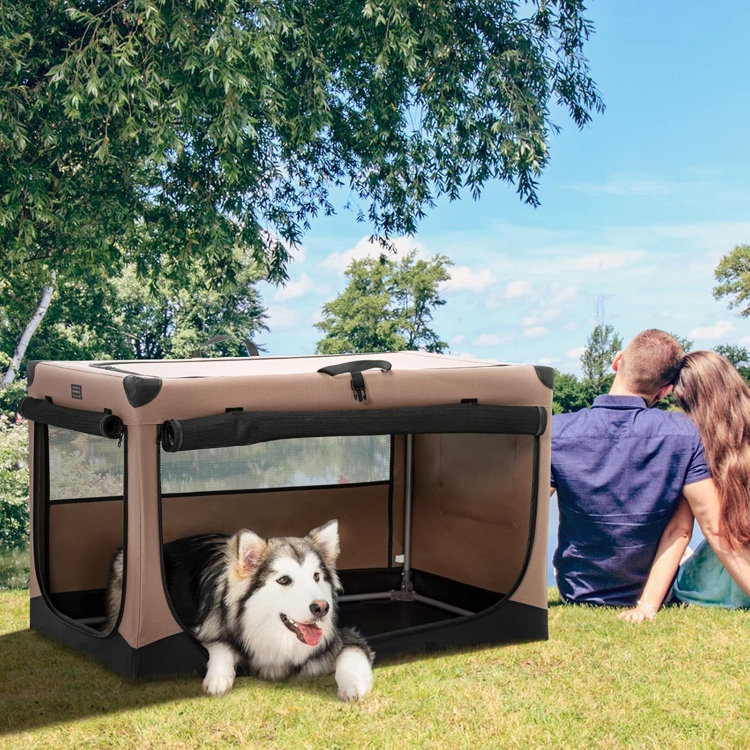 Soft-Sided Dog Crate – Portable Pet Carrier for Travel, Camping & Home (Khaki)