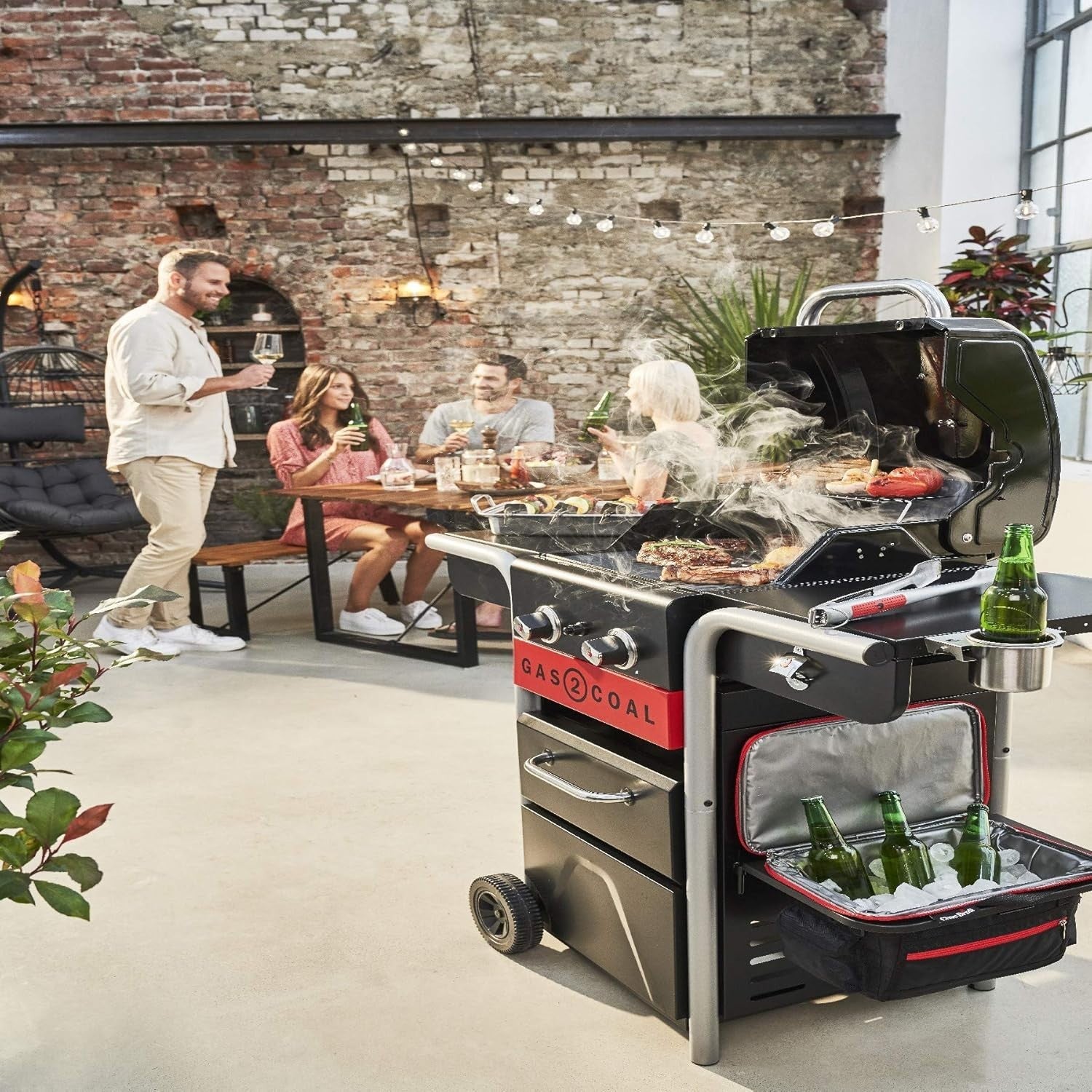 Hybrid Gas & Charcoal BBQ Grill 2 Burner Outdoor Barbecue with Side Shelves