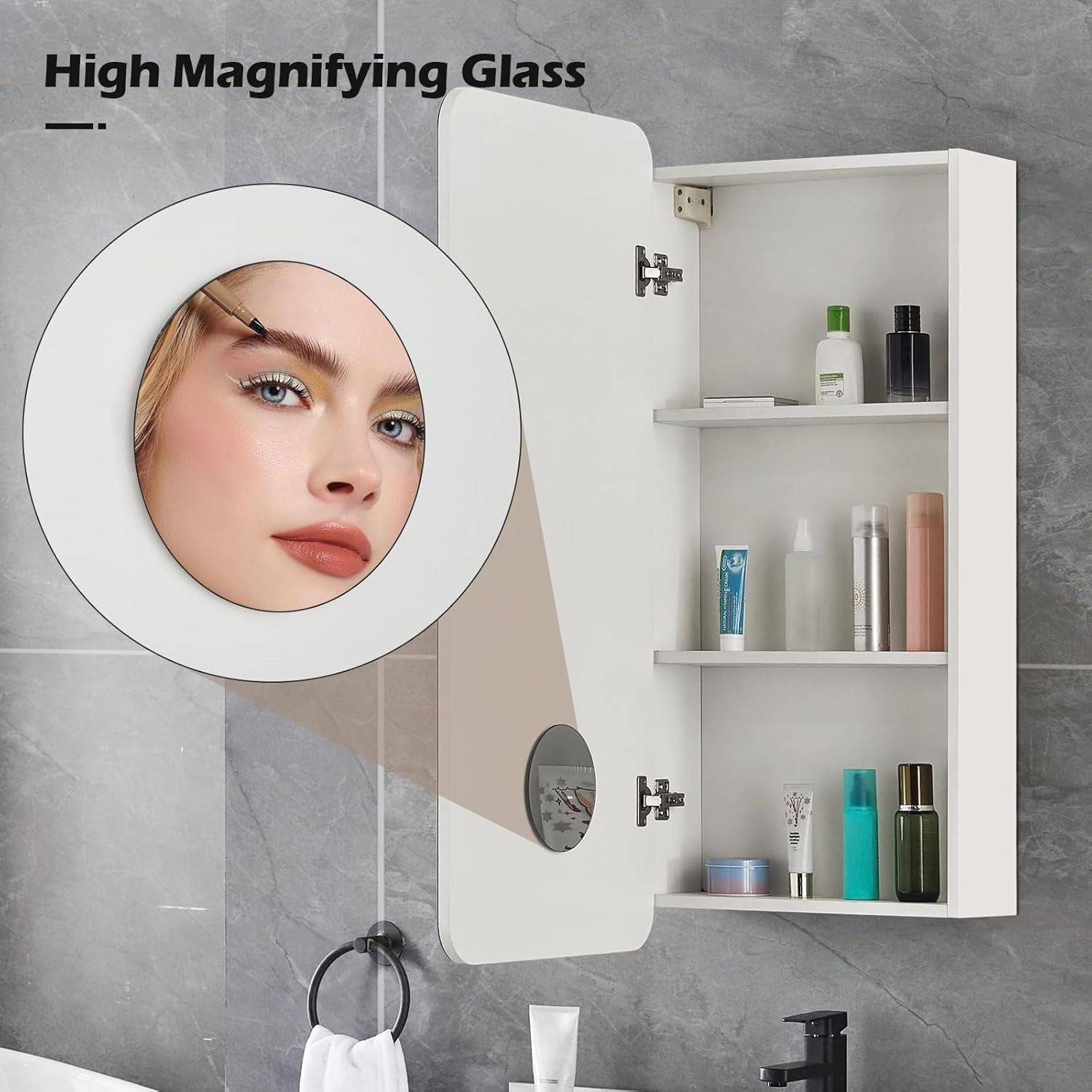 Wall Mounted Mirror Bathroom Cabinet 90cm with Storage Shelf & 3 Tiers