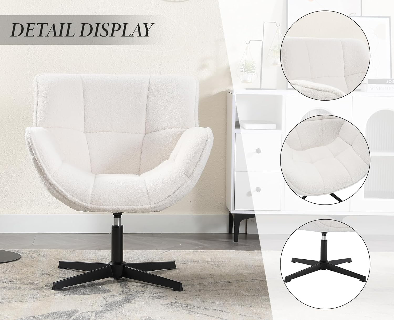 Swivel Faux Fur Accent Chair White Tub Armchair Metal Base