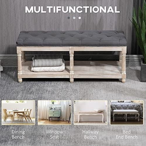 Grey Upholstered Bed End Bench with Shelf, Tufted Seat Storage Ottoman