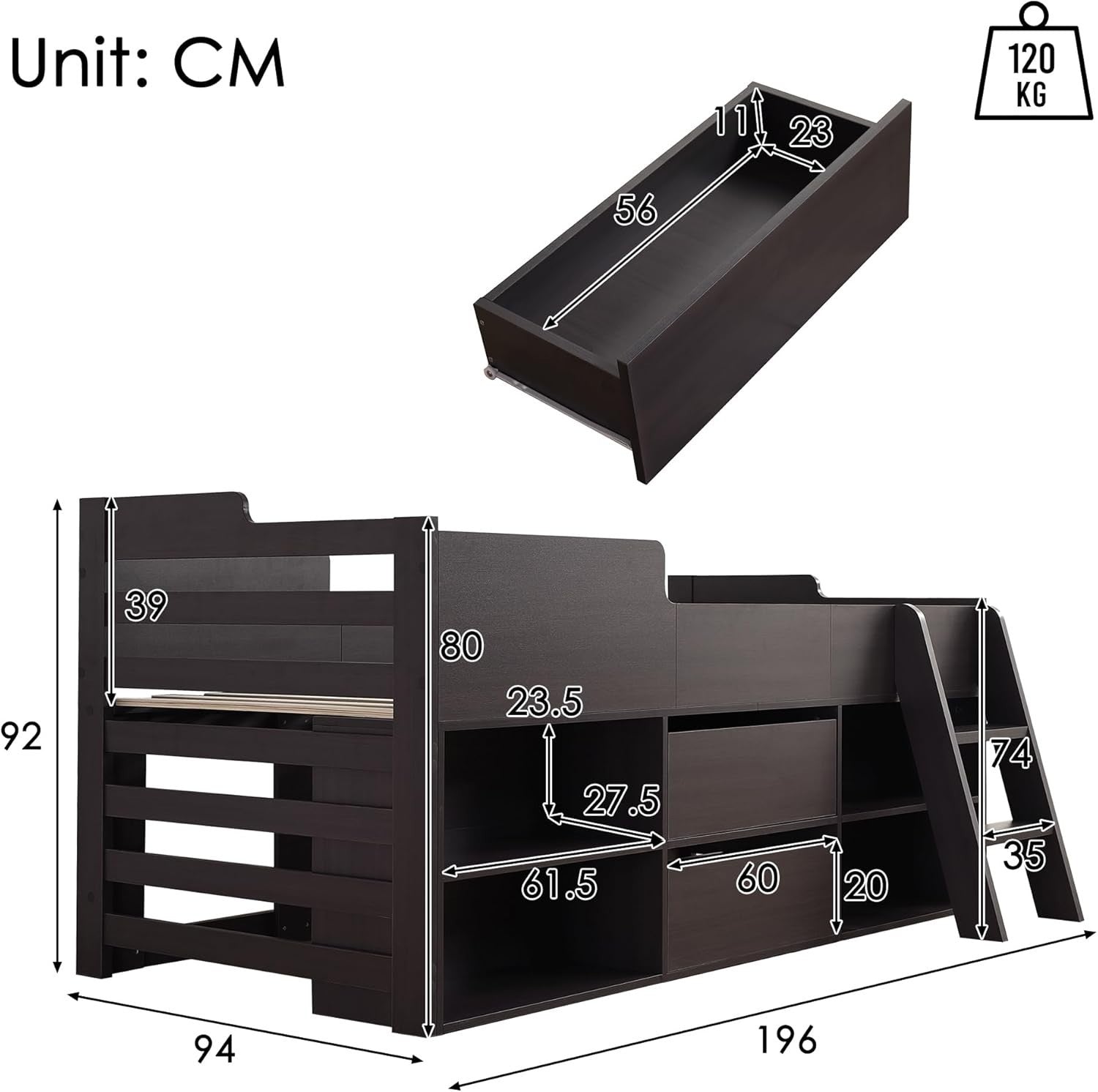 Kids Cabin Bed 3FT with Storage Drawers, Shelves & Ladder - Taupe Wood