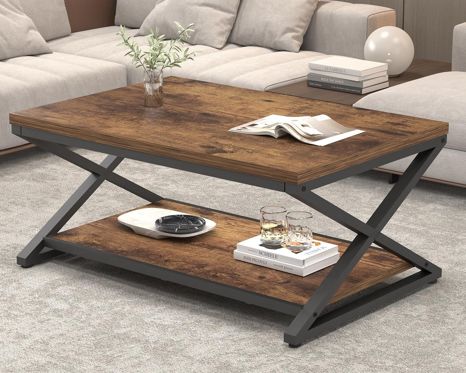 Rustic Wood Coffee Table with Storage Shelf – Modern Farmhouse 39" Rectangular