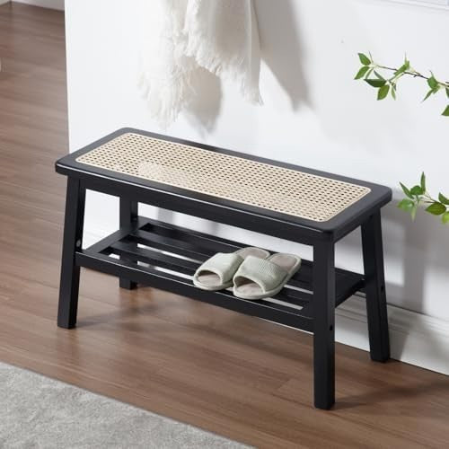 Black Mid-Century Rattan Dining Bench Ottoman with Storage Seat
