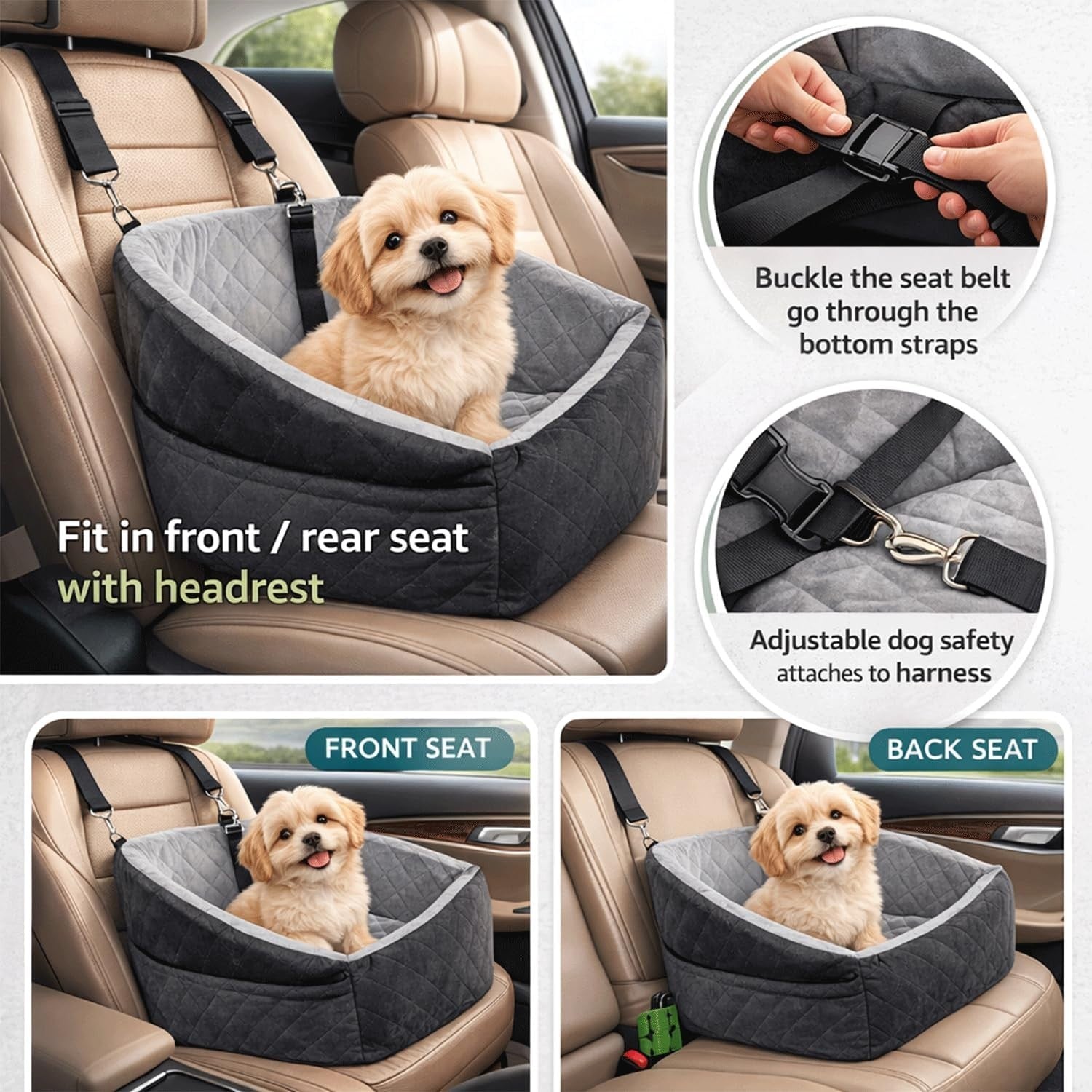 Dog Car Seat Booster Bed Memory Foam Travel Carrier Safety Leash 50cm