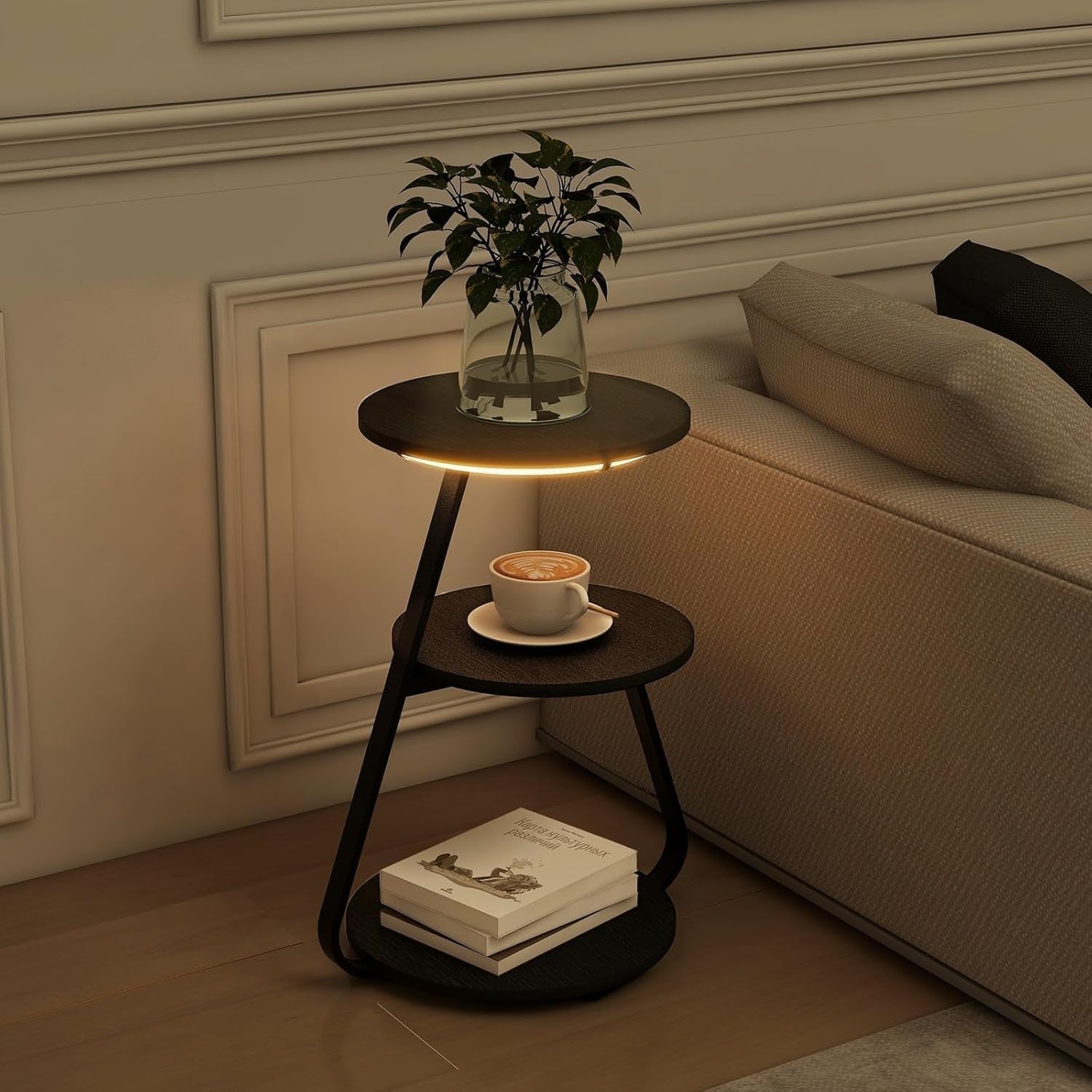 Set of 2 LED Bedside Tables – 3 Tier Round End Tables with Storage Black