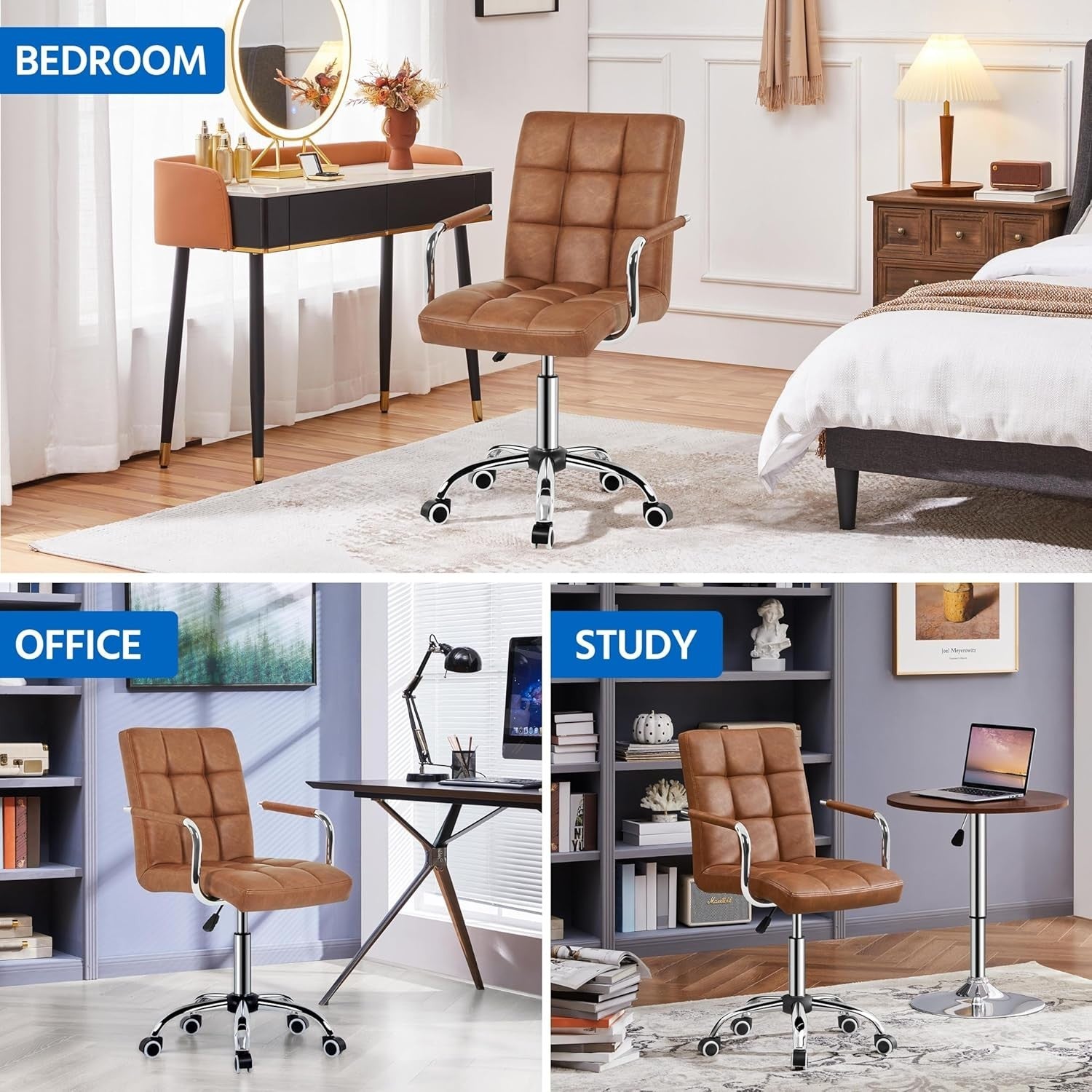 Retro Brown Faux Leather Office Desk Chair Adjustable Swivel Task Rolling Seat