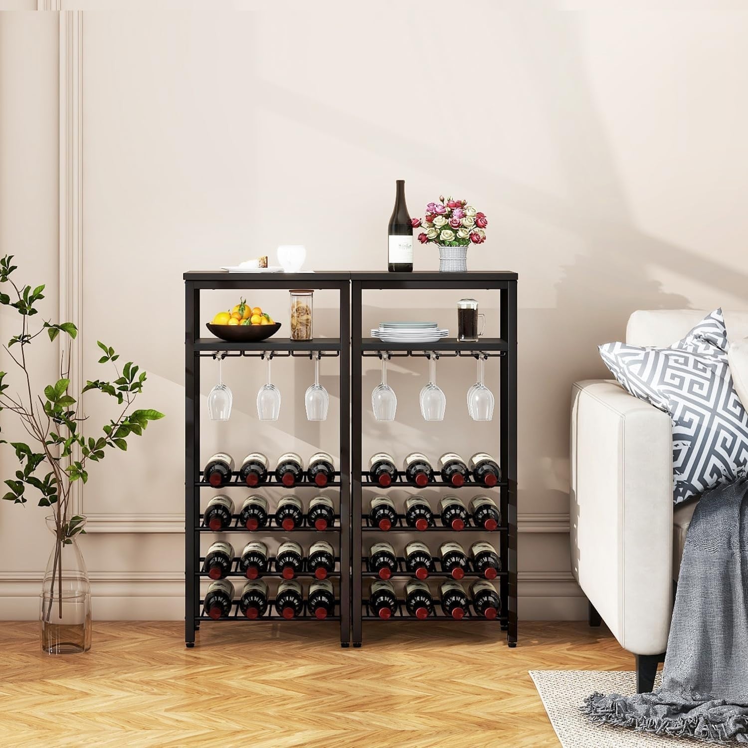 Freestanding Wine Rack 16 Bottle Storage with Hanging Glass Holder Black Shelf