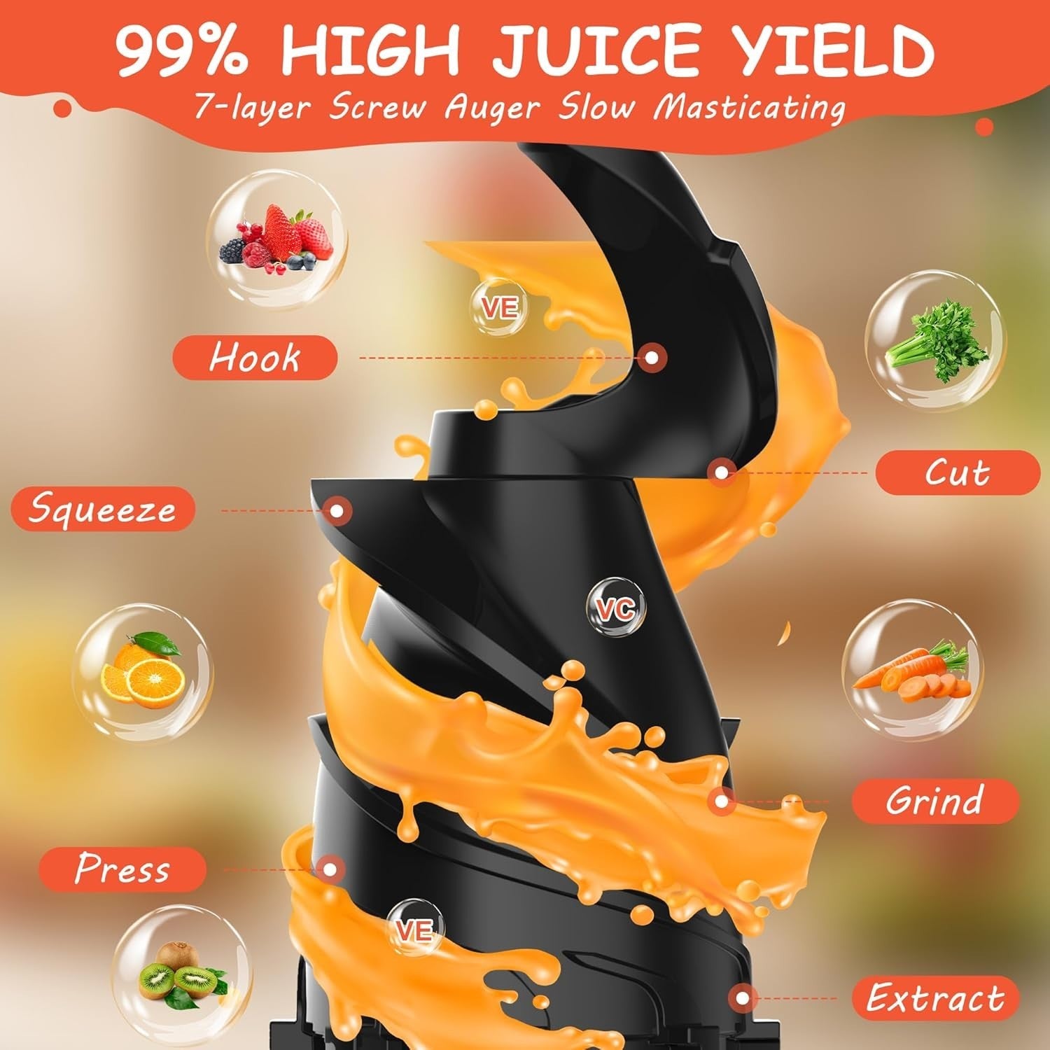 Cold Press Juicer 135mm Wide Chute Whole Fruit Slow Juicer 300W High Yield