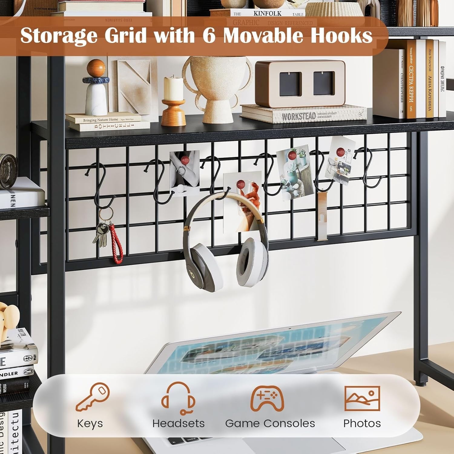 4-Tier Desktop Hutch Bookshelf Monitor Stand with Hooks Office Desk Organizer