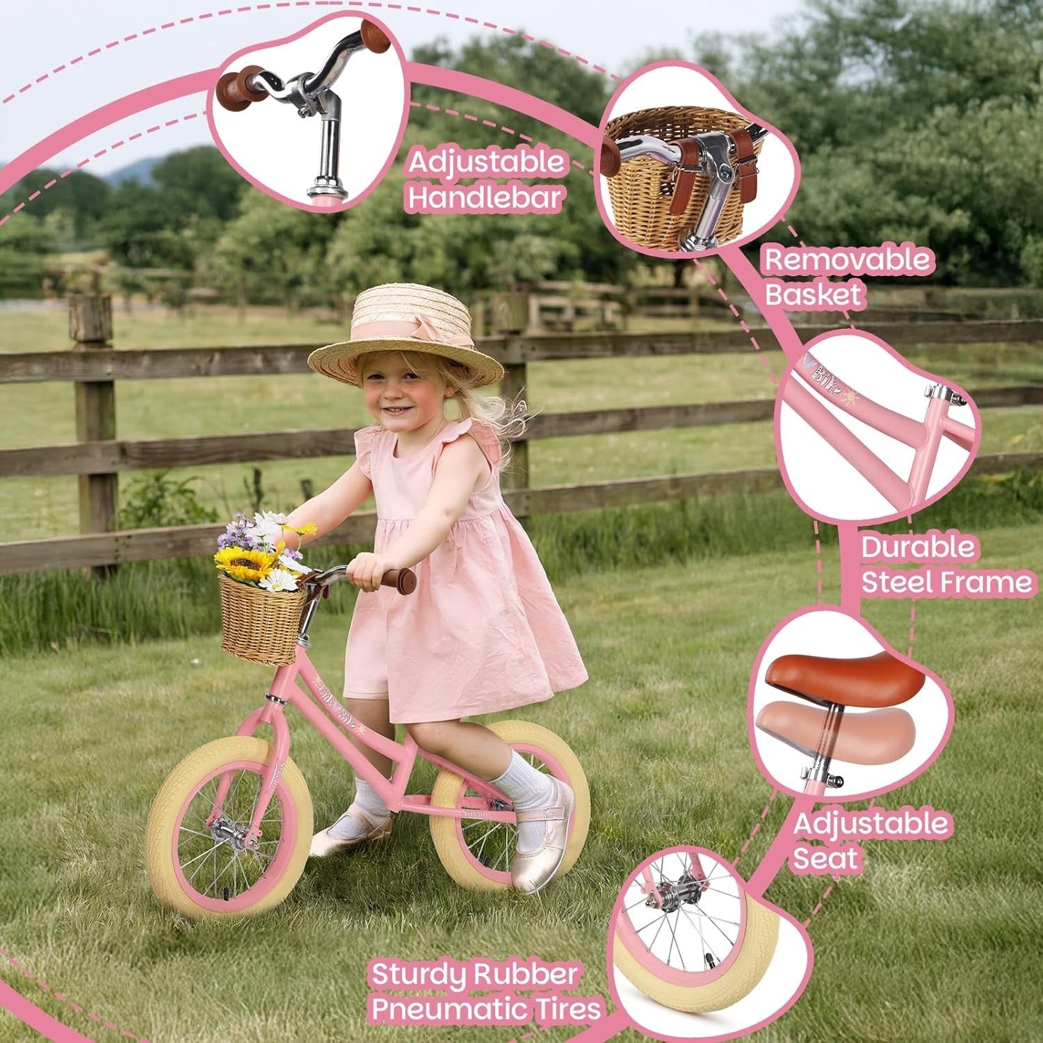 14" Kids Balance Bike with Basket Adjustable No Pedal Training Bike Pink