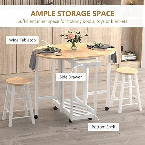 3-Piece Foldable Drop Leaf Dining Set with Stools White Modern Compact