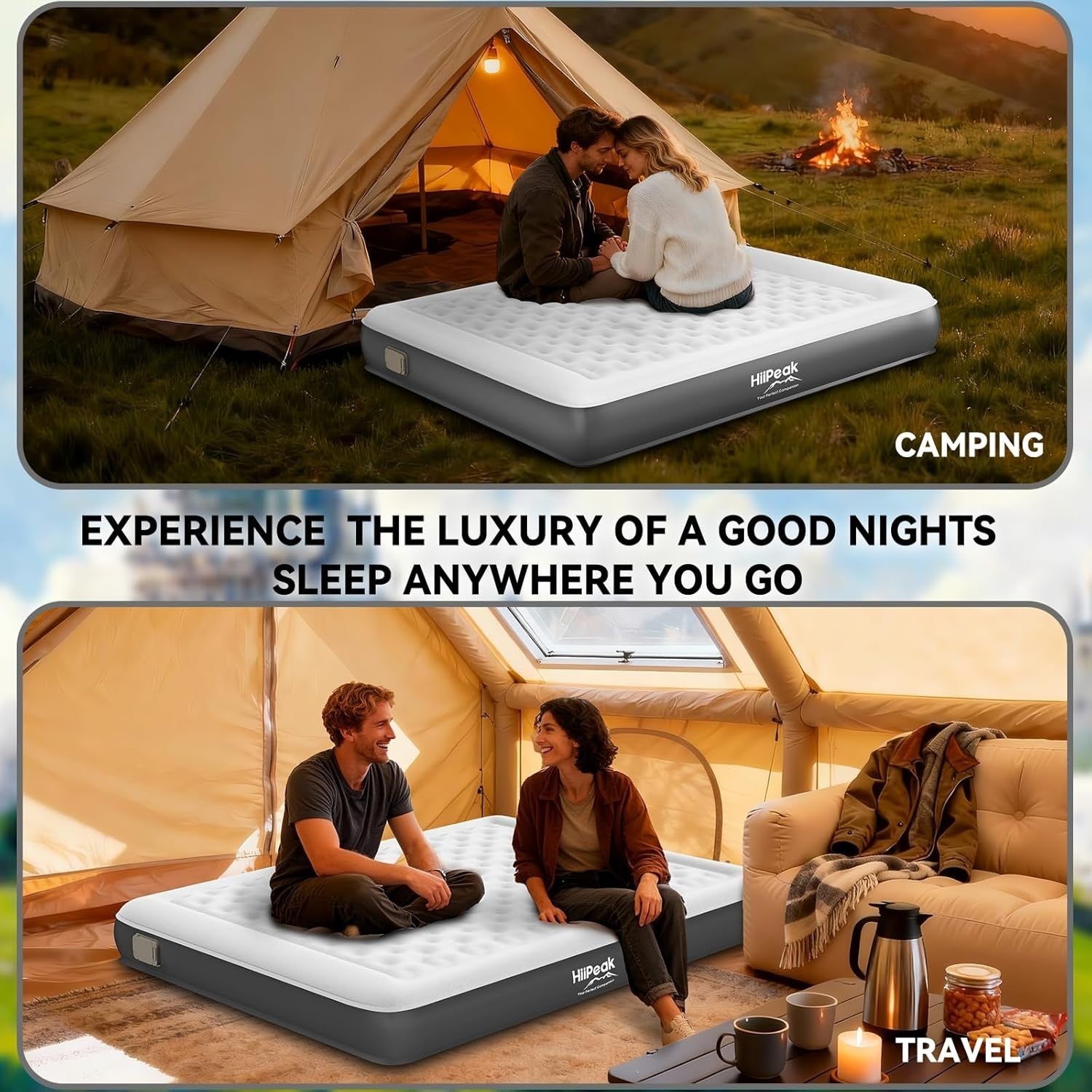 Double Air Bed with Built-In Pump Self Inflating Suede Camping Mattress