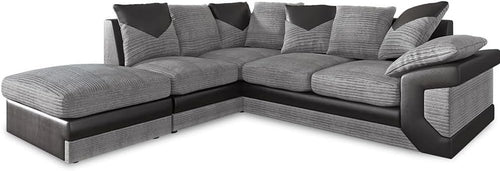 4 Seater L-Shaped Corner Sofa with Footstool Black & Grey Leather Jumbo Cord LH
