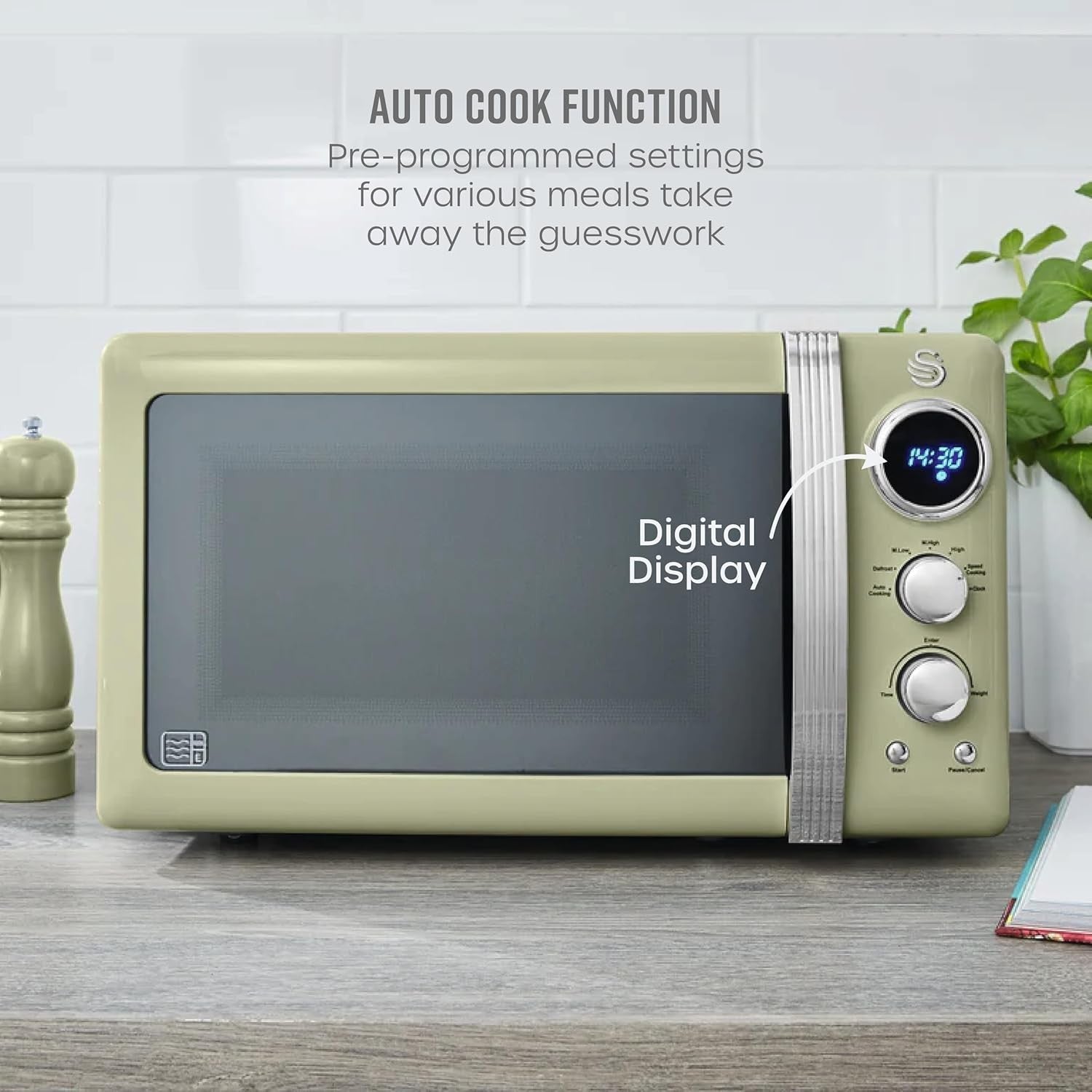 Green 20L Retro LED Digital Microwave 800W 6 Power Levels