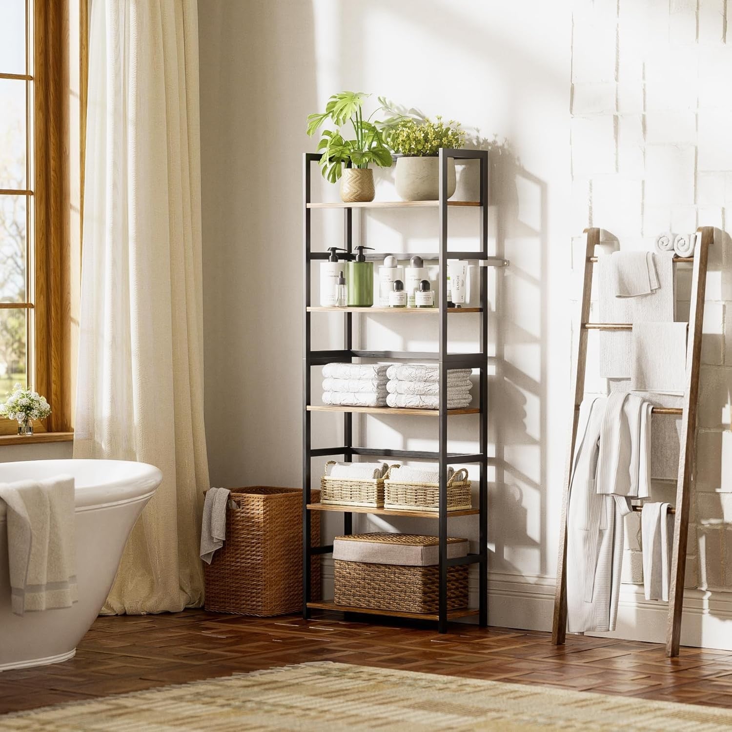 5-Tier Rustic Industrial Bookshelf, Tall Bamboo Frame Display Storage Unit