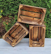 3-Piece Burnt Effect Wooden Storage Crates Organizer 30x20x15cm Durable
