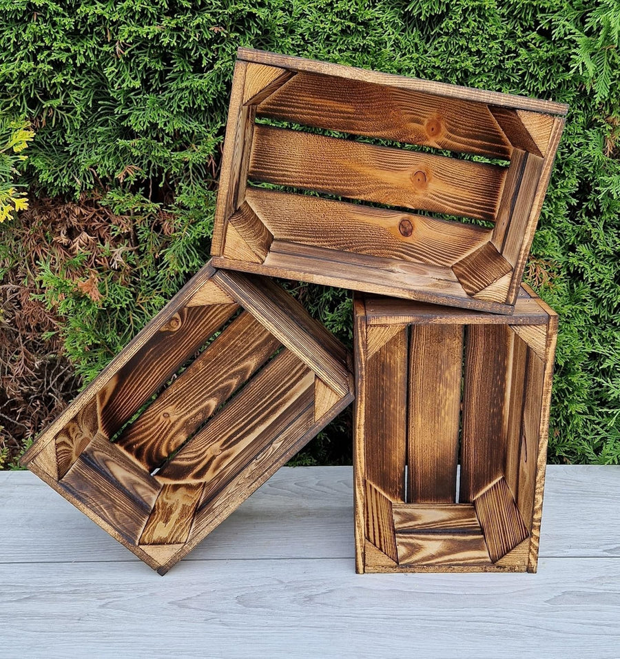 3-Piece Burnt Effect Wooden Storage Crates Organizer 30x20x15cm Durable
