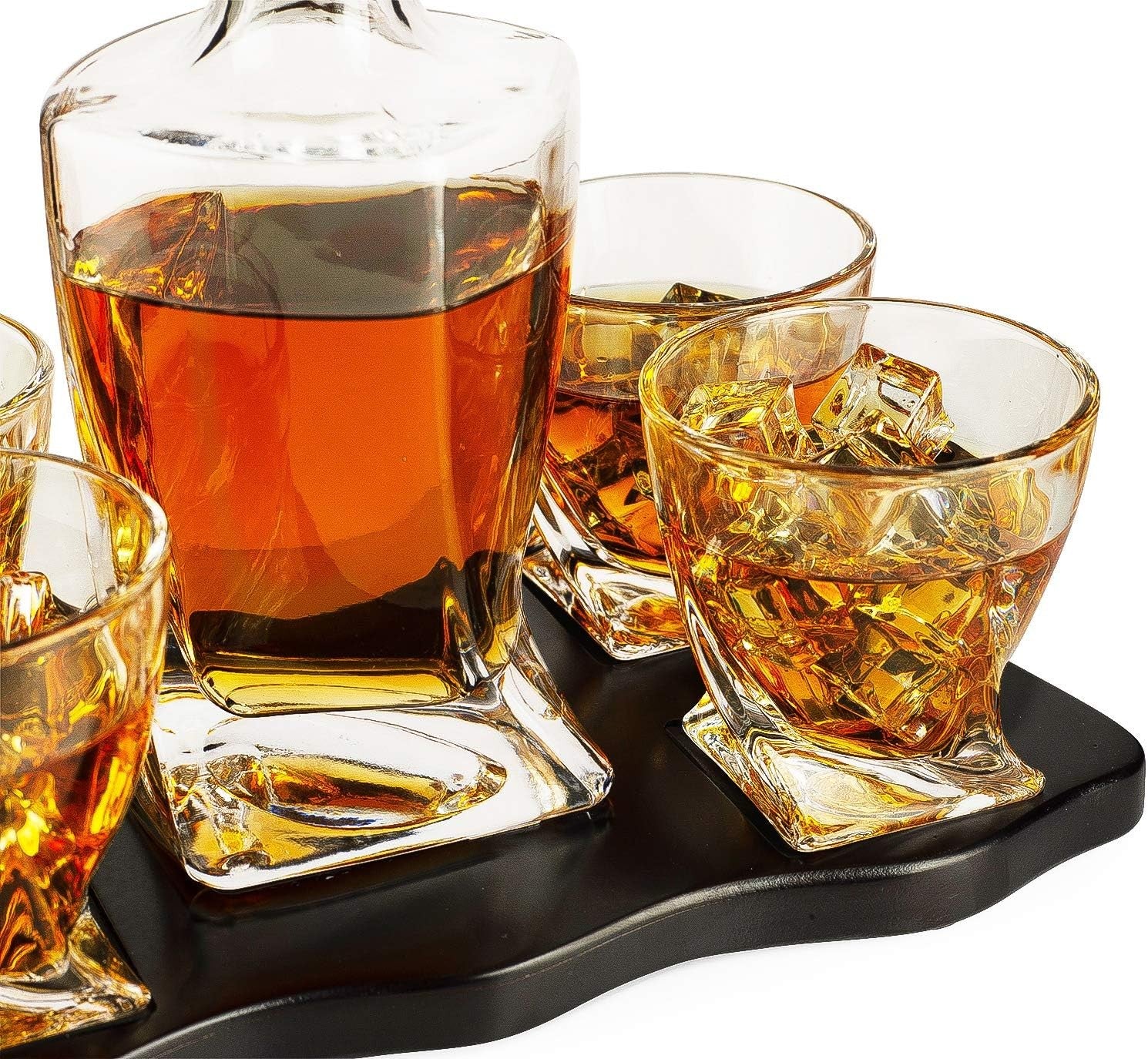Luxury Crystal Whiskey Decanter Set 855ml with 4 Glasses & Wood Tray Gift