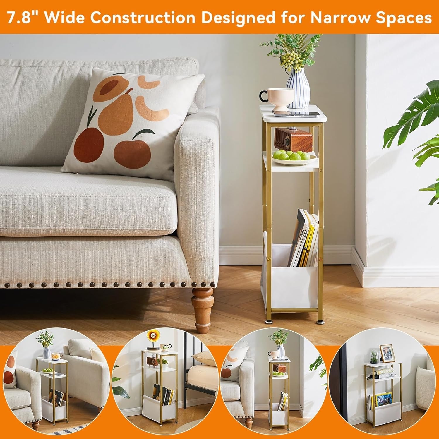 Slim White & Gold 3-Tier Side Table with Storage Basket – Narrow Bedside/End Tab