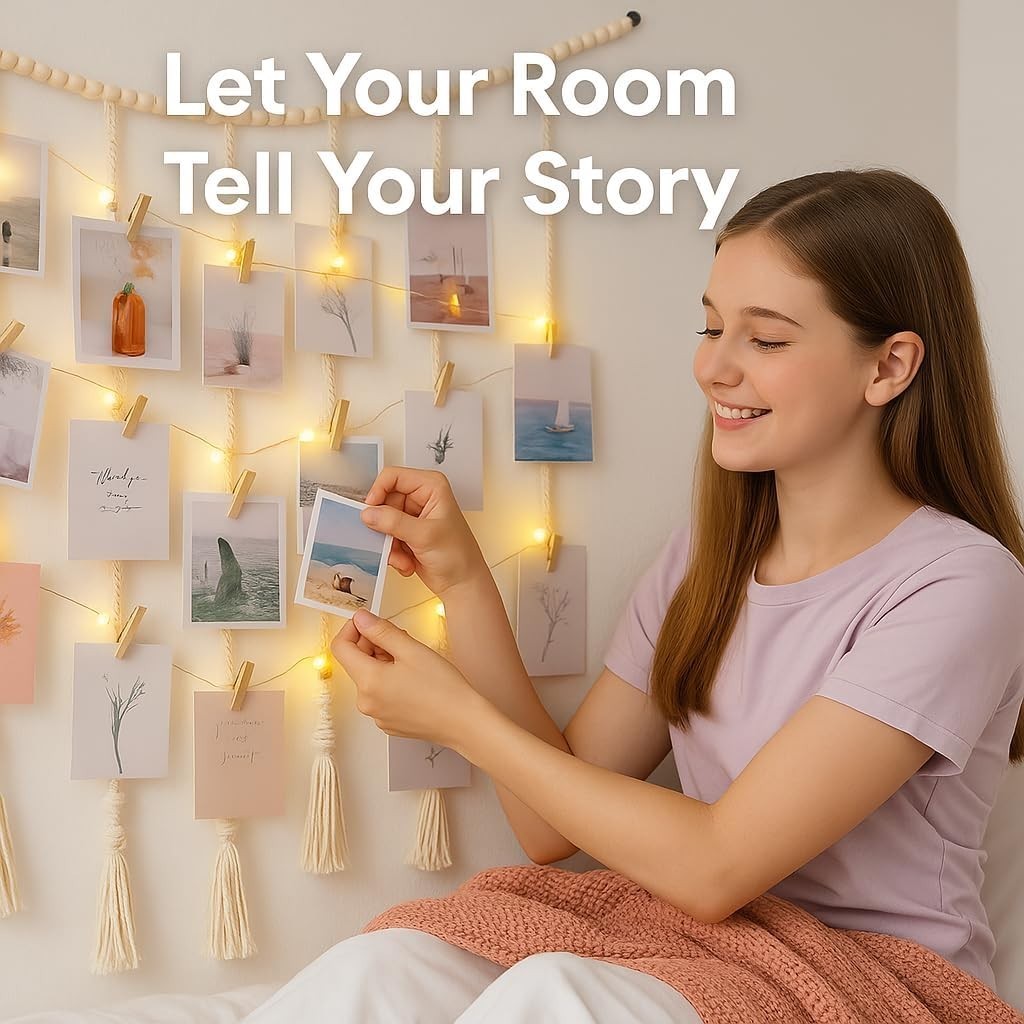 Boho Macrame Photo Display with Fairy Lights 30 Clips White