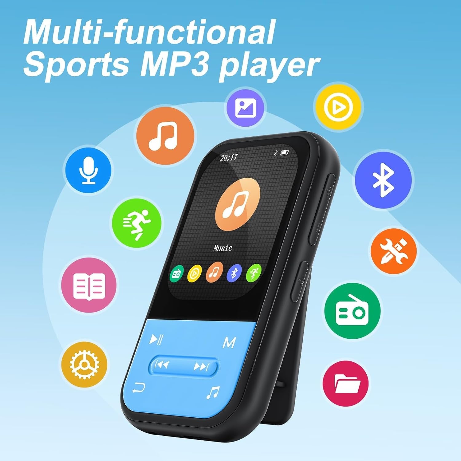 128GB Clip MP3 Player Blue Bluetooth 5.3 FM Sport