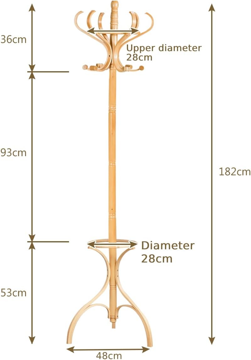 360° Rotating Oak Wooden Coat Rack Stand 12 Hooks Freestanding Hall Tree