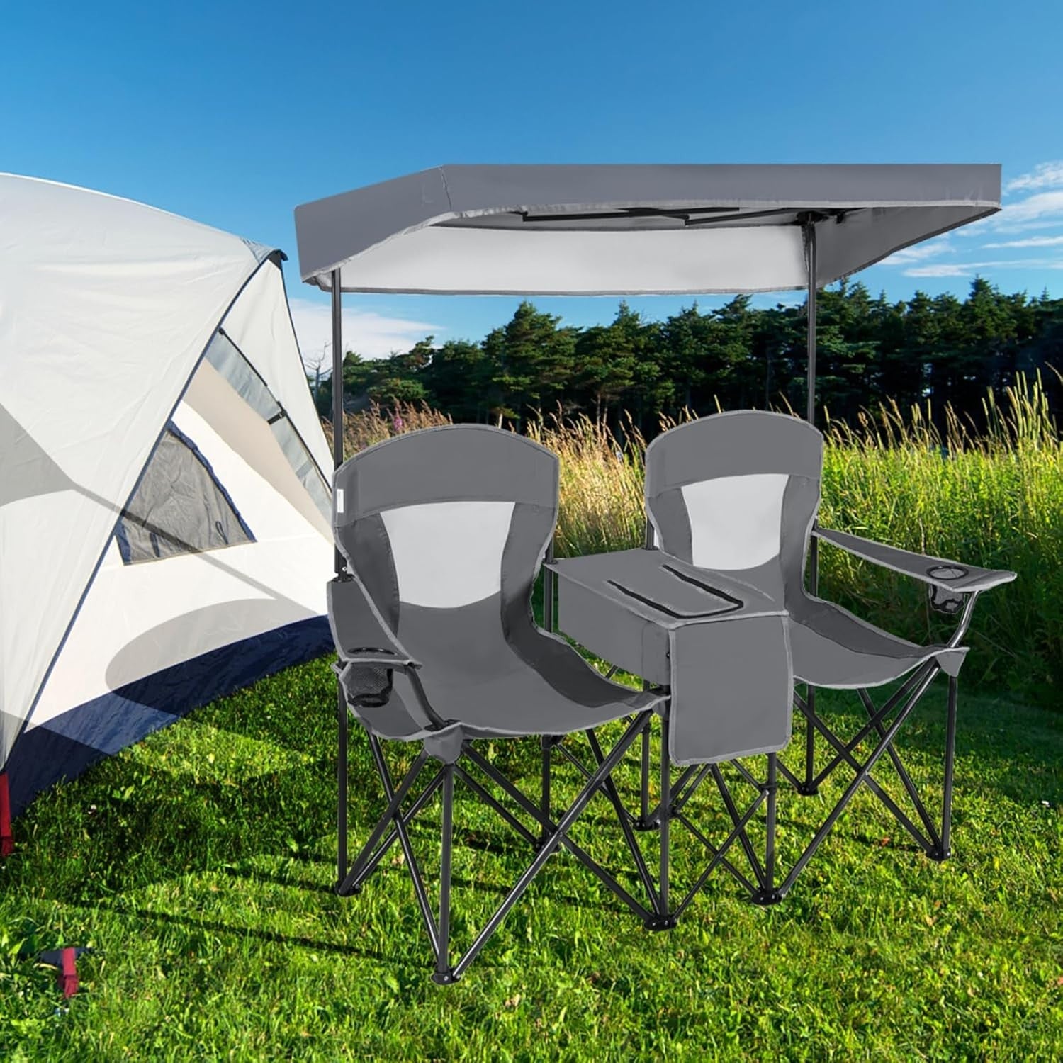 Double Camping Chair with Canopy, Cooler Bag & Cup Holders Grey